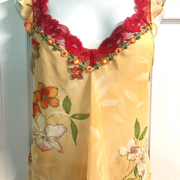 VTG 90s Orange/Red Floral Chiffon Lace Trimmed Culottes Pants/Top Lingerie Set~L - Picture 4 of 10